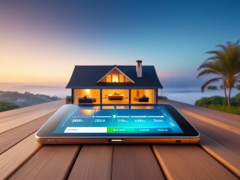 Interfaz digital: Casa virtual y finanzas inmobiliarias Interfaz digital moderna mostrando modelo de casa virtual entre gráficos financieros