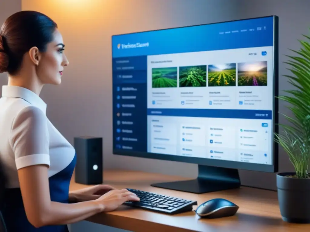 Plataforma de Servicio al Cliente Digital: Interfaz Moderna y Detallada Interfaz digital moderna de servicio al cliente en propiedades vacacionales en pantalla de computadora, con diseño amigable en azul y blanco
