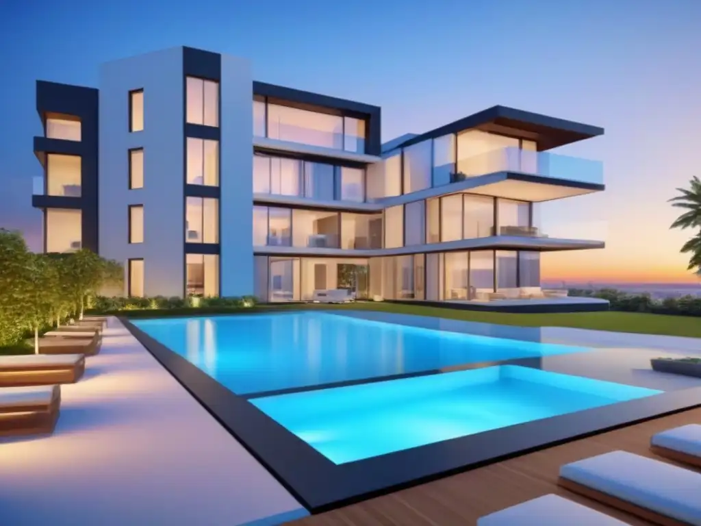 Tour virtual de edificio residencial futurista: diseño digital innovador Interfaz digital muestra tour virtual de edificio residencial futurista con financiamiento integrado