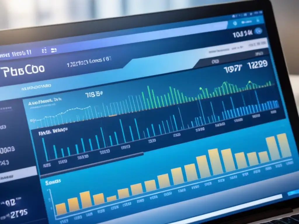 Interfaz financiera futurista para gestión eficiente Interfaz financiera futurista para gestión de ingresos inmuebles con gráficos y tablas en tonos azules y metálicos