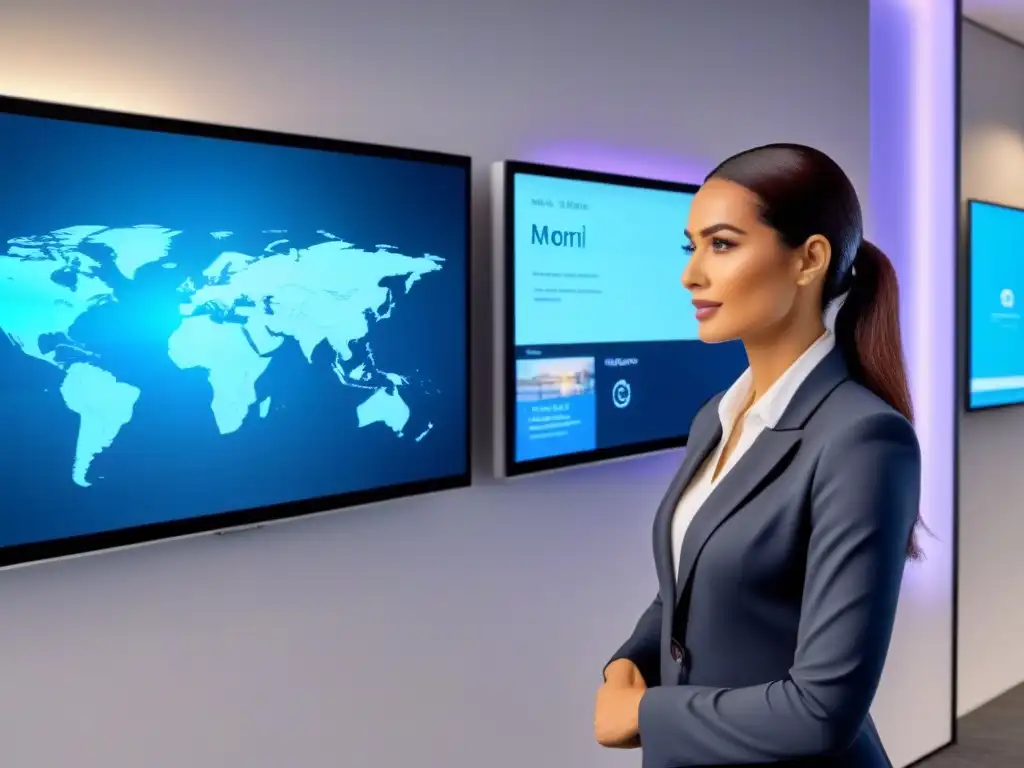 Oficina inmobiliaria futurista con chatbot holográfico Interfaz futurista de chatbot en gestión inmobiliaria internacional, eficiente e innovador