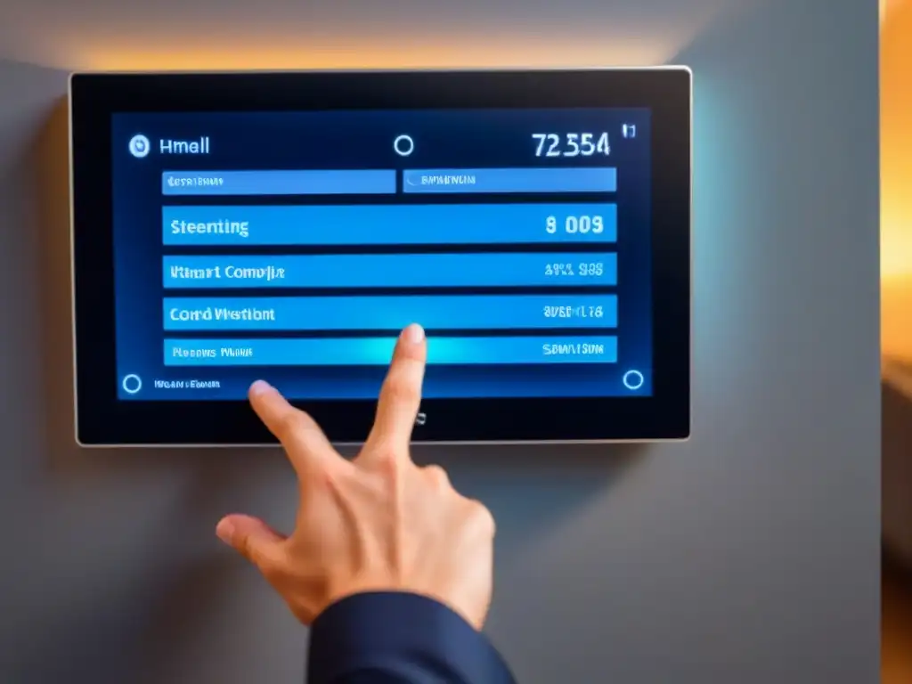 Panel de control inteligente futurista para hogar: ajustes de luces, temperatura y seguridad en tiempo real Interfaz futurista de control domótico en hogar comercial, ajustando tecnología en bienes raíces comerciales