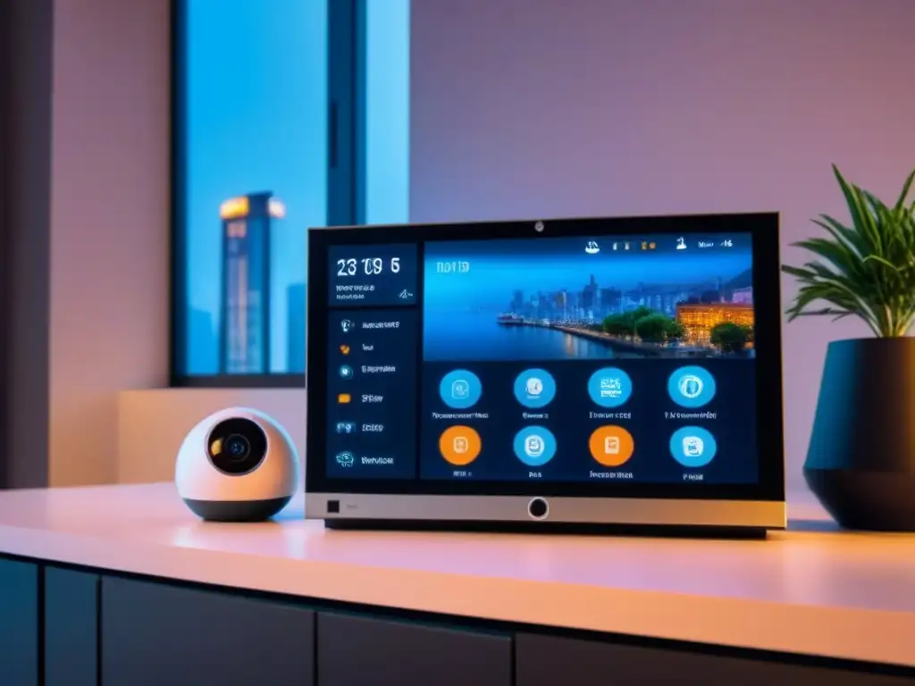 Interfaz domótica futurista en panel táctil de alta tecnología Interfaz futurista de gestión domótica en pantalla táctil de alta tecnología, integrando IoT en gestión de propiedades