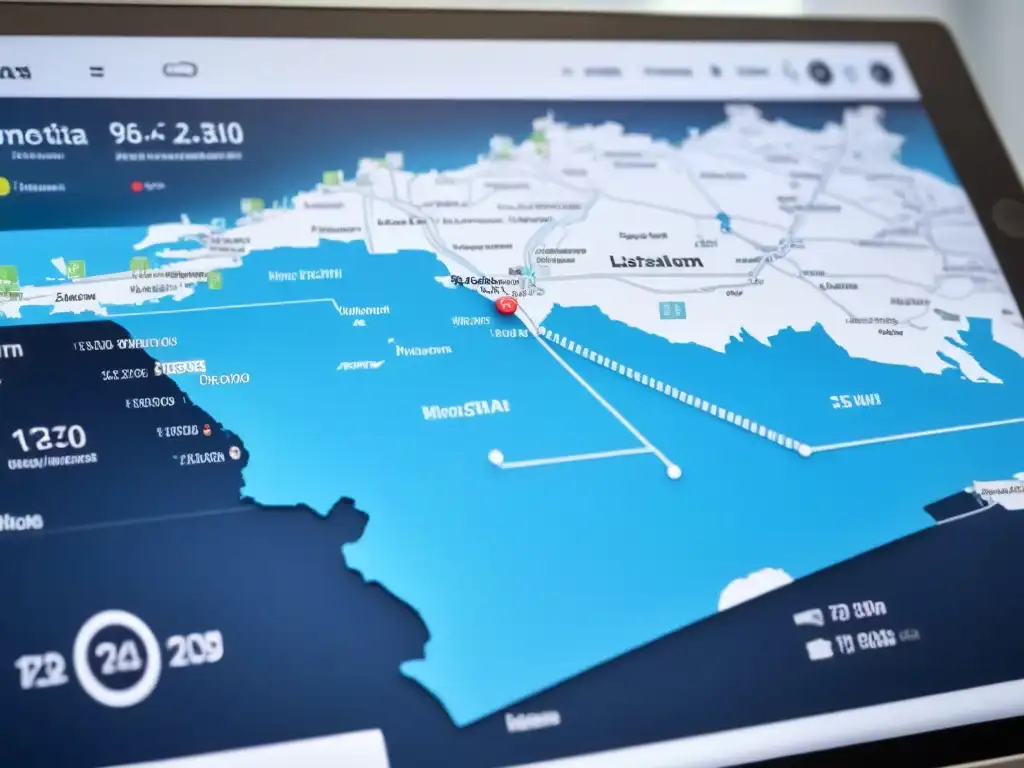 Plataforma inmobiliaria futurista: diseño moderno y eficiencia global Interfaz futurista de plataforma gestión inmobiliaria internacional: mapas interactivos, visualizaciones de datos y listados de propiedades en tiempo real, en tonos azules y blancos, sofisticación y eficiencia