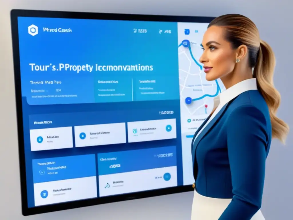 Interfaz PropTech futurista y detallada: recorridos virtuales, recomendaciones personalizadas y datos en tiempo real Interfaz futurista de plataforma PropTech: experiencia usuario plataformas PropTech en azul y blanco, tours virtuales y recomendaciones personalizadas