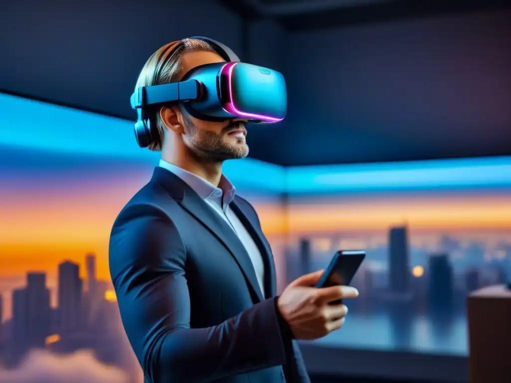 Realidad virtual PropTech: innovación inmobiliaria en 8k Una interfaz futurista de Plataformas PropTech para inversores globales en un casco de realidad virtual de alta tecnología y vibrantes colores
