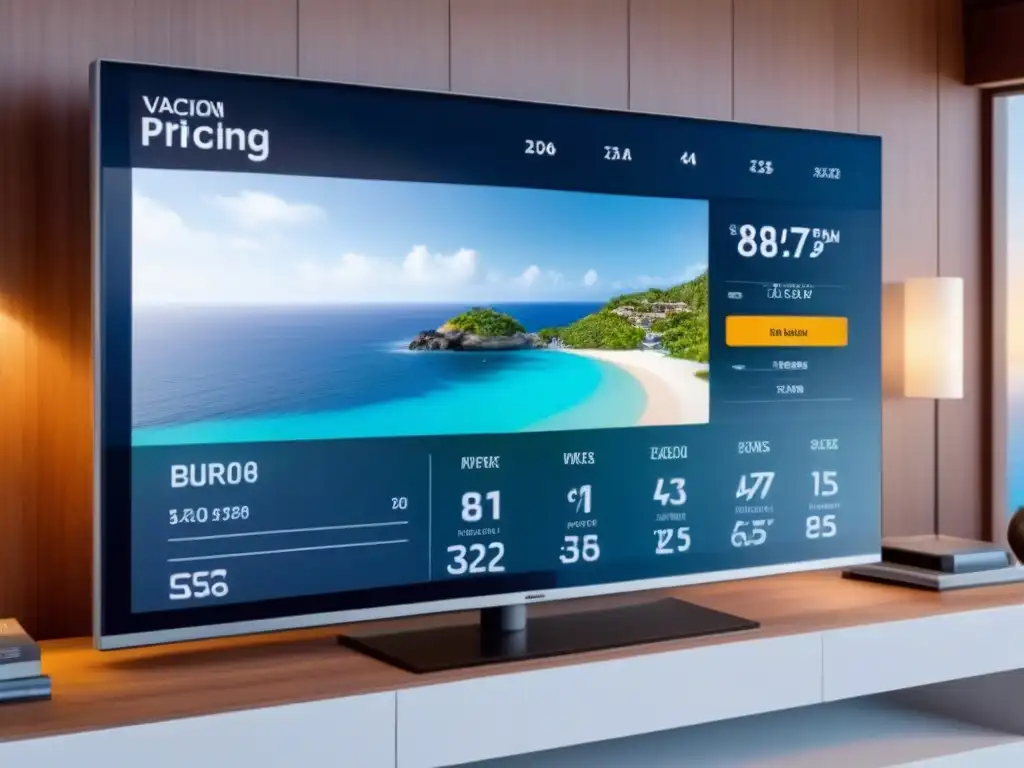 Interfaz futurista de precios en alquiler vacacional Interfaz futurista de precios con gráficos dinámicos, datos en tiempo real y controles interactivos
