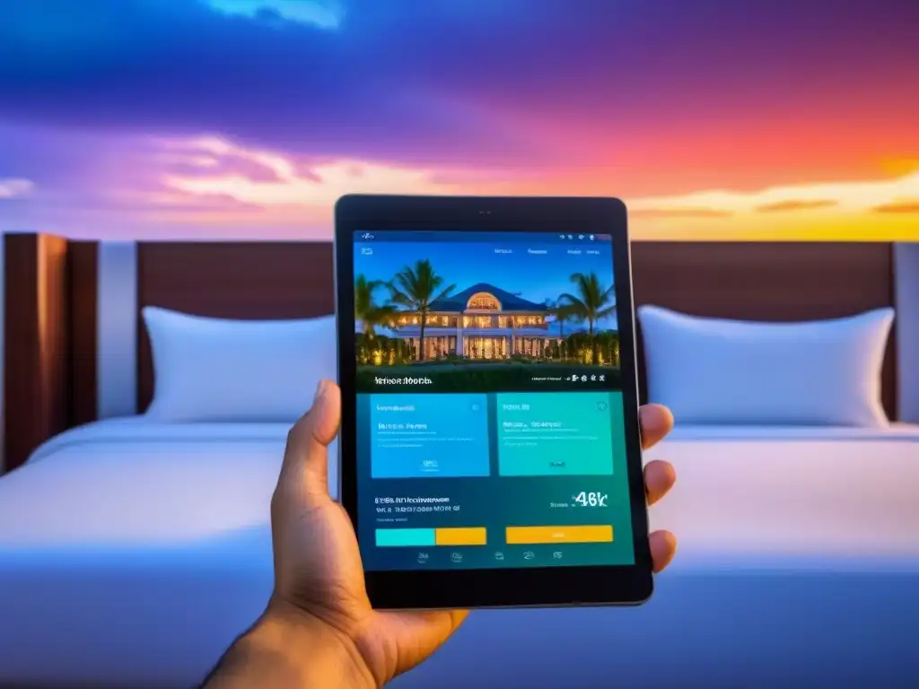 Interfaz de reserva futurista en tablet de alta tecnología Una interfaz futurista para reservas de propiedades vacacionales, con colores vibrantes y controles intuitivos