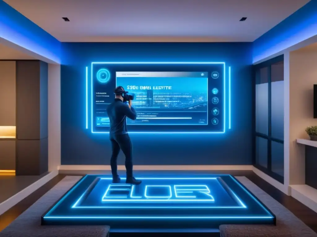 Interfaz futurista de seguridad ciberinmobiliaria para inversores con códigos de encriptación y autenticación biométrica, en tonos azules y metálicos
