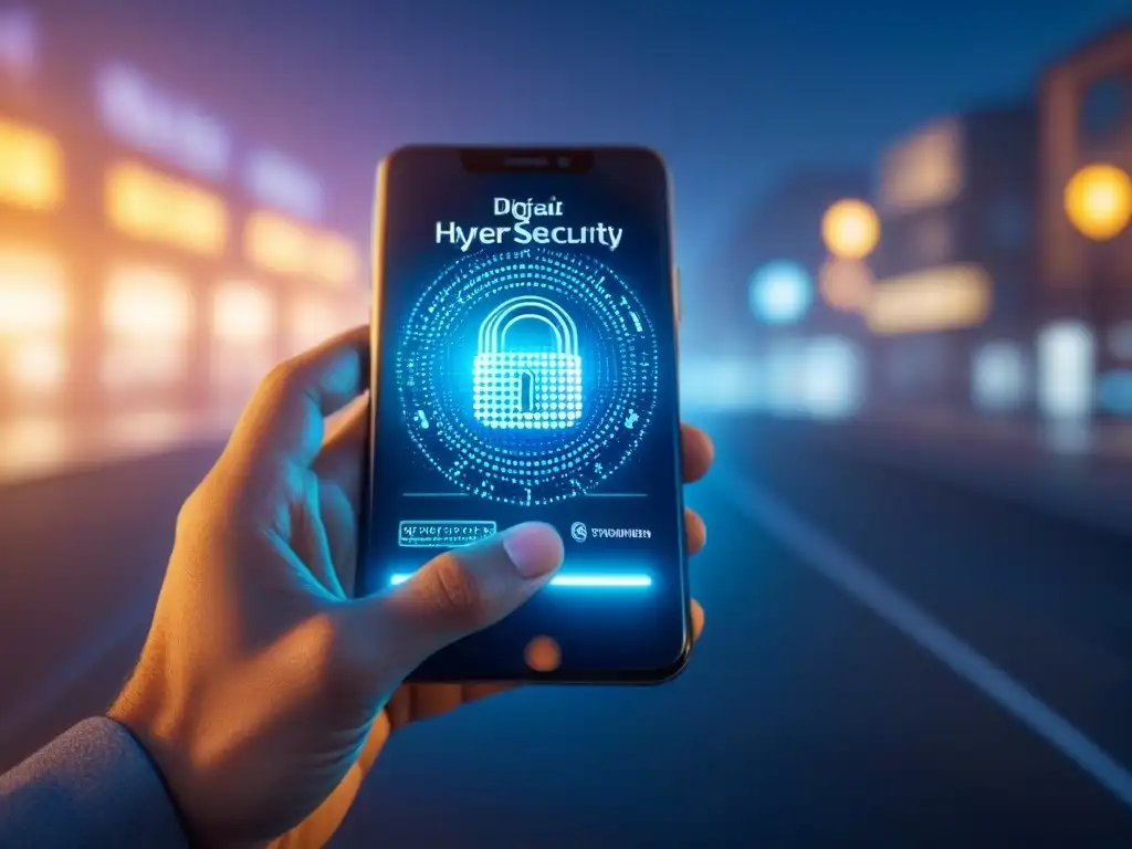 Interfaz de seguridad digital futurista para inversores inmobiliarios Interfaz futurista de seguridad digital para inversores inmobiliarios, con códigos de encriptación y autenticación biométrica
