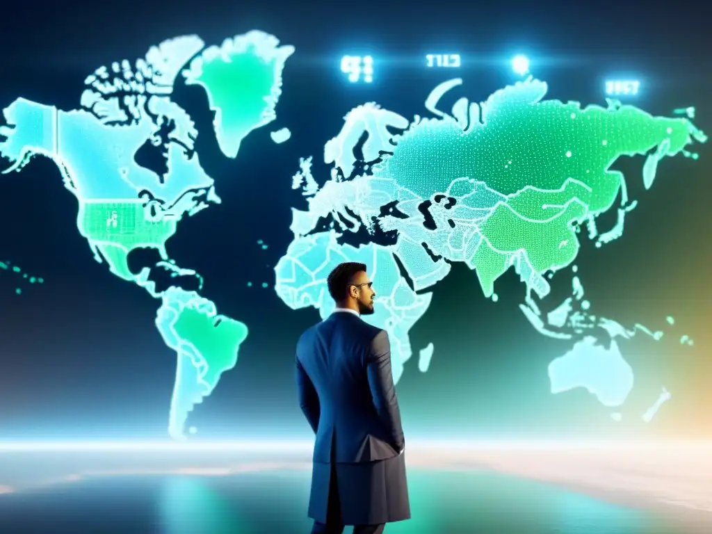 Interfaz blockchain futurista: transacciones seguras en red global Una interfaz blockchain futurista muestra transacciones seguras en una red global, resaltando inversiones internacionales en tiempo compartido