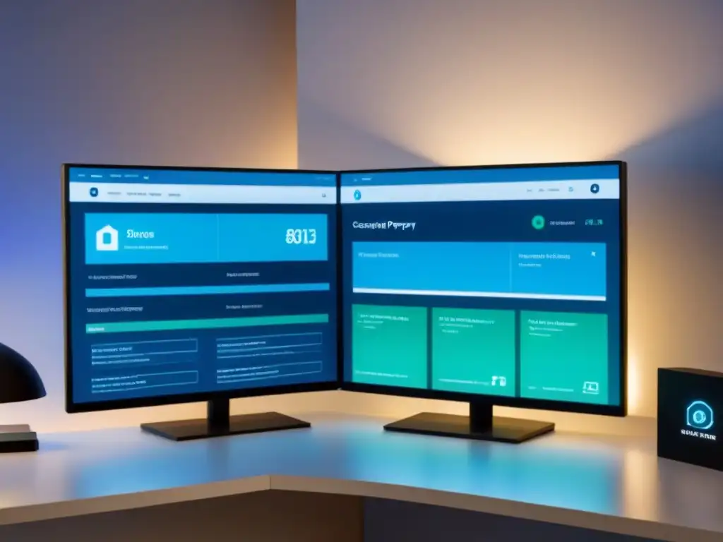 Plataforma de gestión inmobiliaria en la nube: seguridad y tecnología Interfaz moderna de plataforma gestión propiedades nube seguras en 8k con colores vibrantes y avanzados protocolos de ciberseguridad