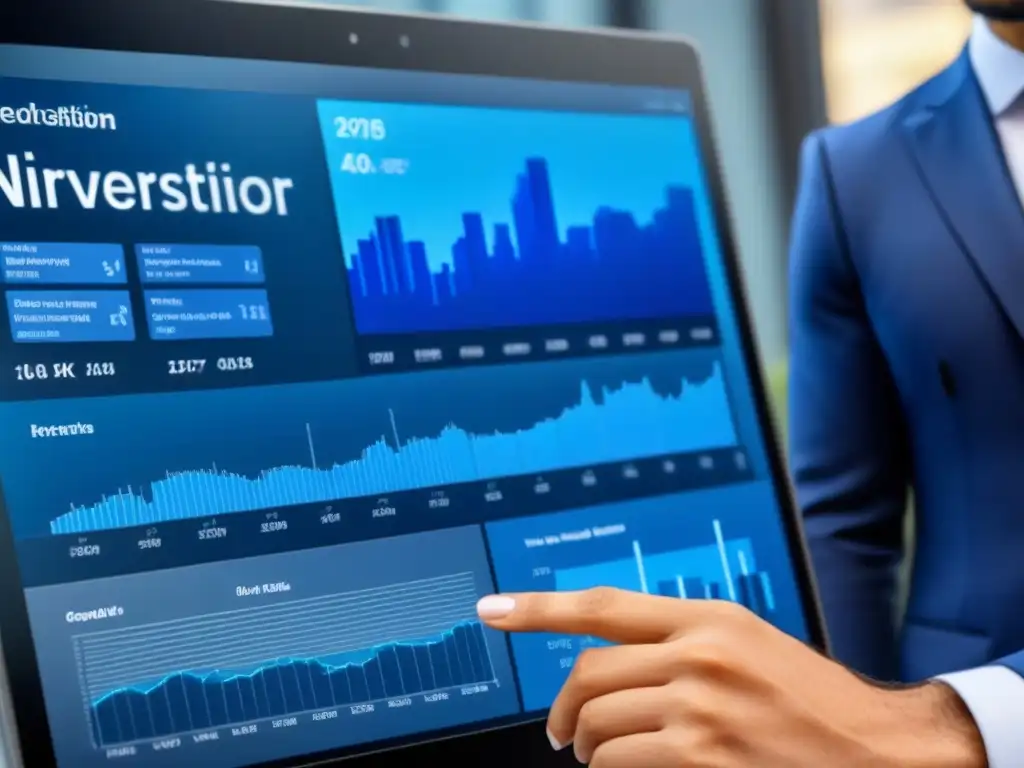 Plataforma de Gestión Inmobiliaria: Interfaz 8k Profesional Interfaz moderna de plataformas gestión inmobiliaria para inversionistas: gráficos dinámicos, tonos azules y grises profesionales