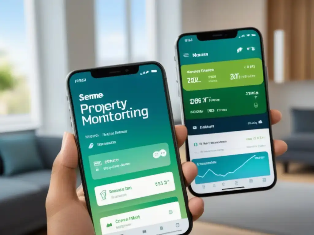 Interfaz profesional de gestión inmobiliaria en smartphone Interfaz de aplicación para gestionar propiedades inteligentes en smartphone moderno con diseño profesional y eficiente