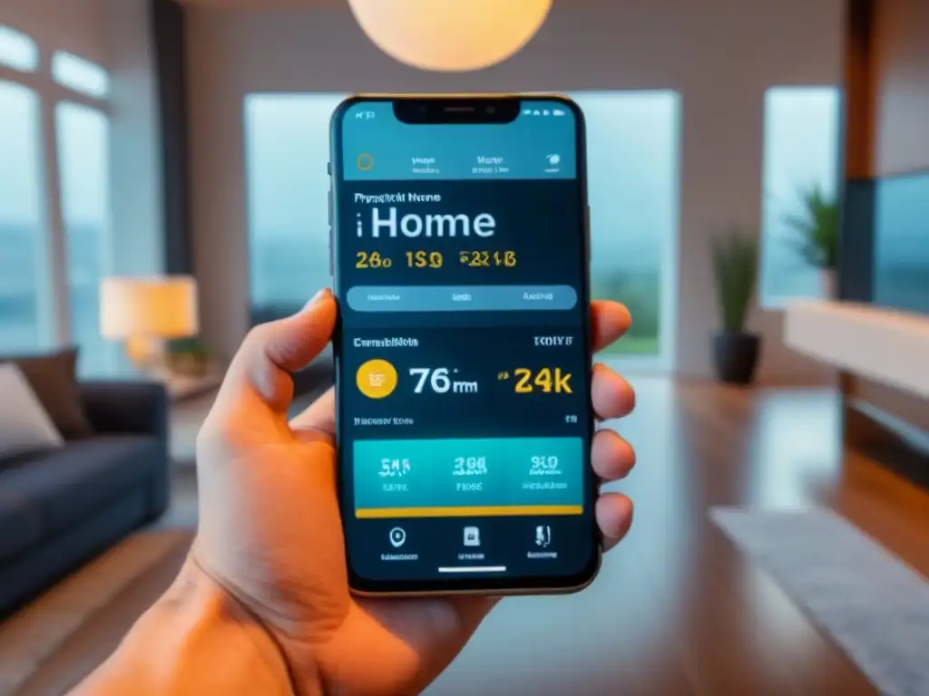 Interfaz de gestión inmobiliaria: datos en tiempo real y domótica Interfaz de aplicación para gestionar propiedades inteligentes en un smartphone moderno en un lujoso hogar inteligente