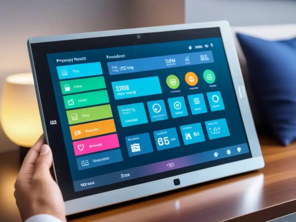 Interfaz domótica futurista para gestionar tu hogar inteligente Interfaz de gestión domótica en tablet futurista, controlando IoT en gestión de propiedades