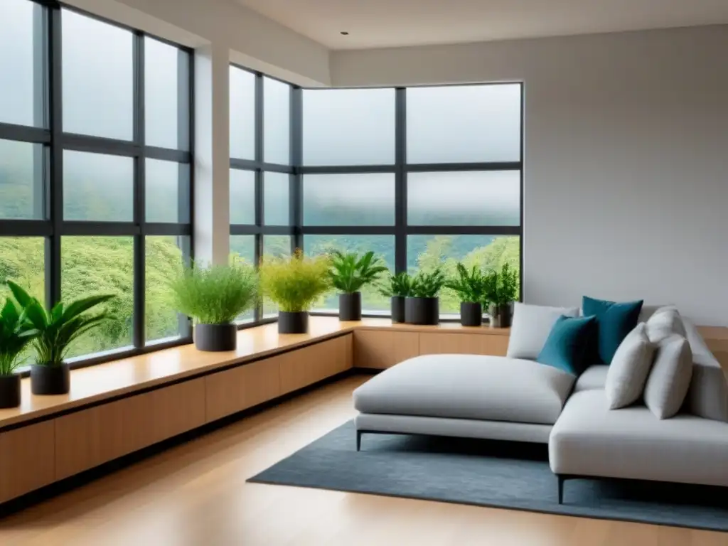 Interior de alquiler moderno y acogedor con plantas verdes Interior de alquiler moderno y acogedor, con muebles elegantes, plantas verdes y luz natural