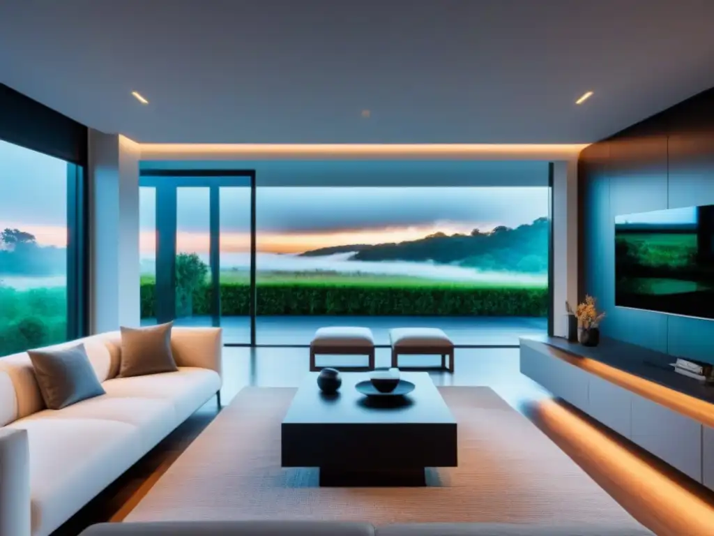 Hogar inteligente de lujo: diseño moderno y tecnología avanzada Interior de casa inteligente futurista con iluminación y climatización automatizadas, vista a jardín exuberante