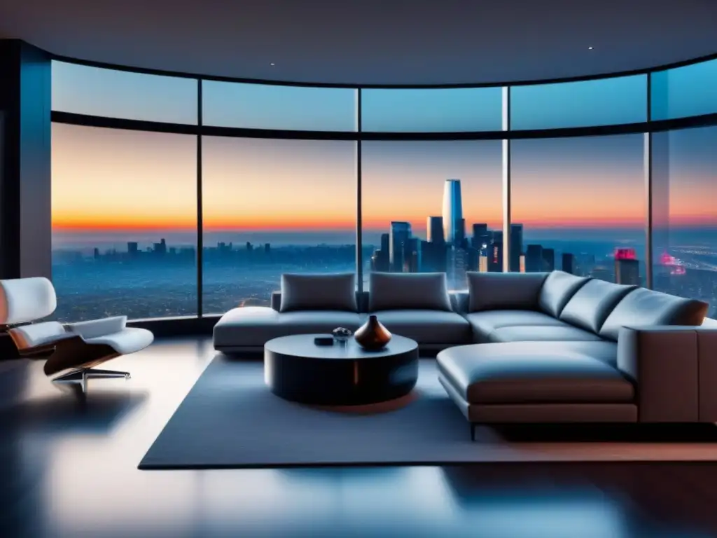 Hogar inteligente de lujo: diseño futurista y tecnología avanzada Interior de casa inteligente futurista y lujosa con tecnología avanzada y diseño minimalista