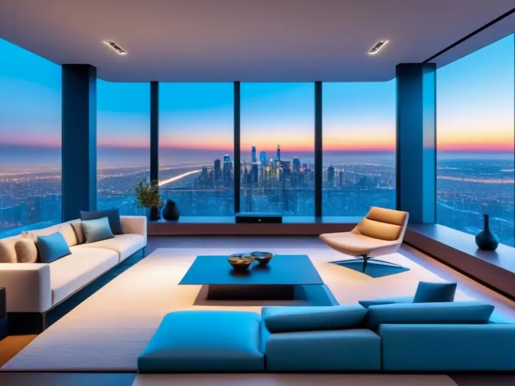 Interiores inteligentes: tecnología integrada en hogar moderno Interior de casa inteligente moderna en alquiler, con tecnología integrada y vista a la ciudad al atardecer