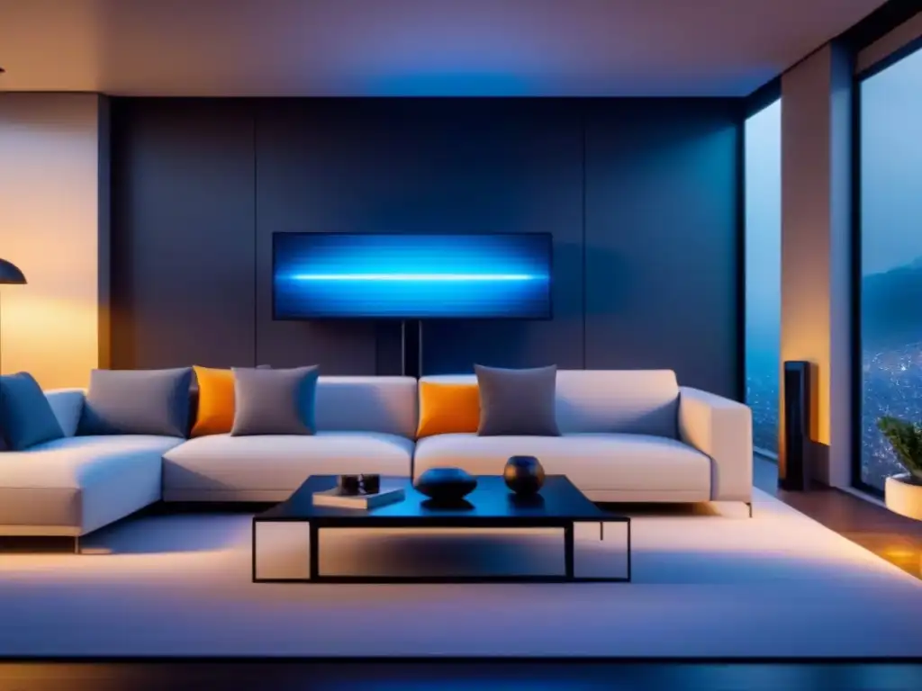 Interior de casa inteligente futurista con dispositivos IoT integrados Interior futurista de casa inteligente con IoT integrado, control de voz y muebles modernos