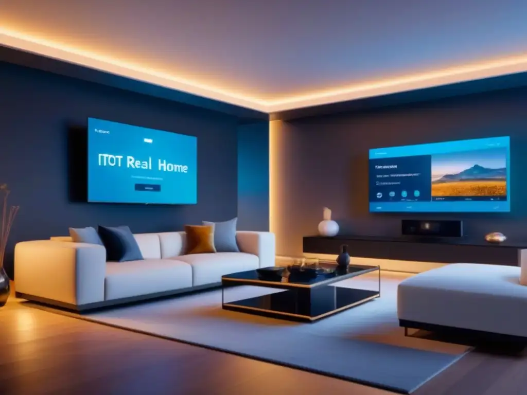 Interior de Casa Inteligente Futurista con IoT Interior futurista de una casa inteligente con tecnología IoT, resaltando la inversión inmobiliaria éxito IoT