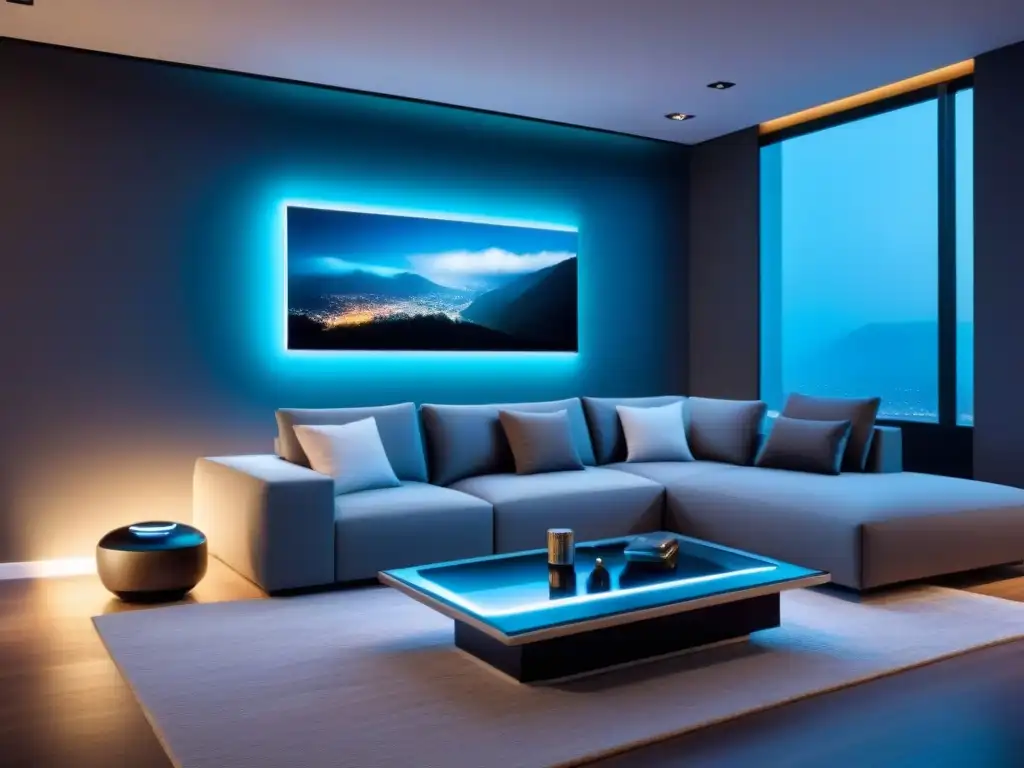 Hogar inteligente del futuro: diseño minimalista y tecnología avanzada Interior futurista de casa inteligente con tecnología avanzada