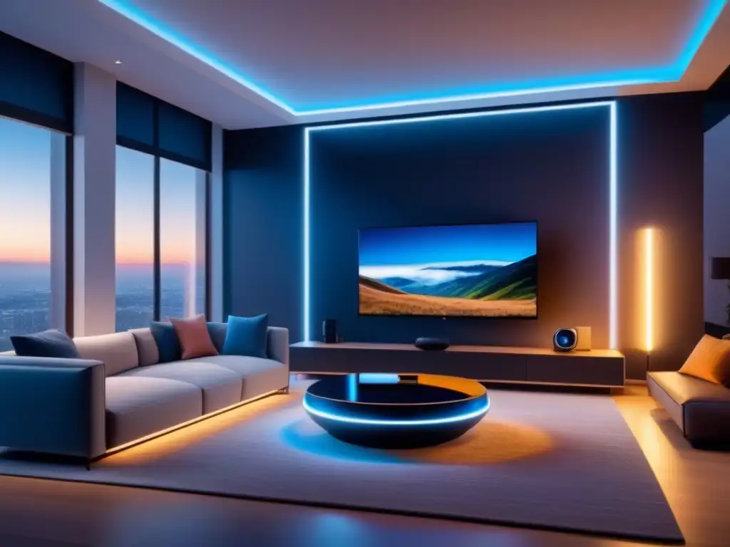 Interior futurista de smart home con IA avanzada y dispositivos conectados Interior futurista de Smart Home con IA y dispositivos interconectados, creando armonía tecnológica y confort