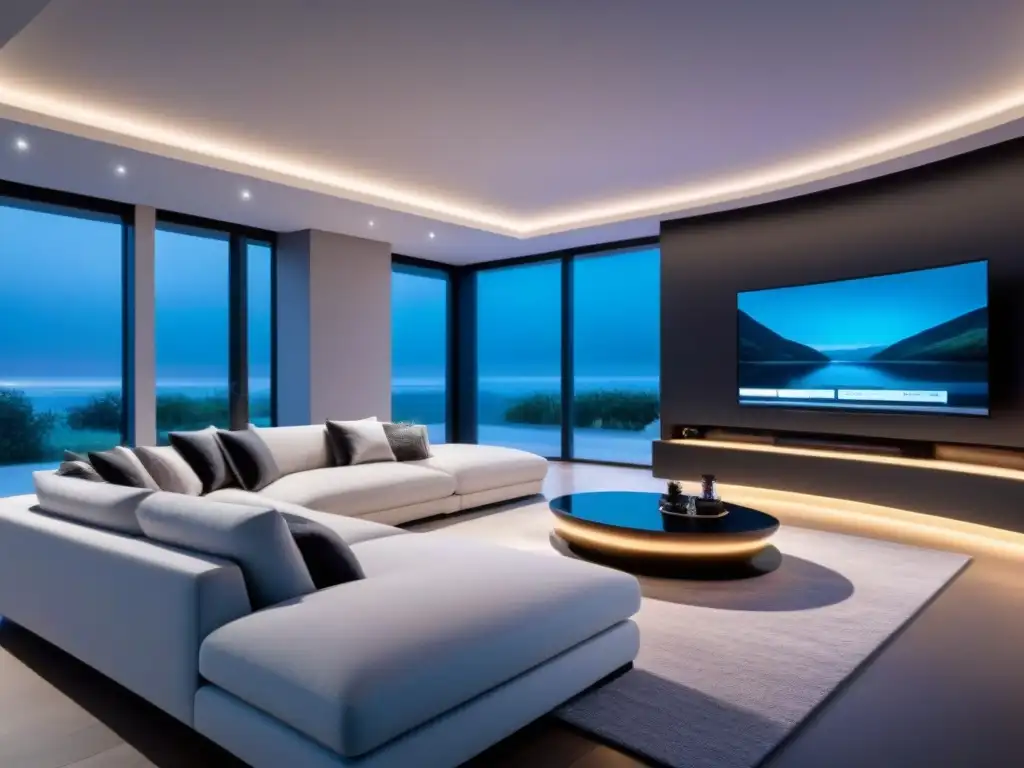 Hogar inteligente futurista: interiores ultradetallados en 8k Interior futurista de hogar inteligente con dispositivos controlados por voz y sistema de seguridad avanzado