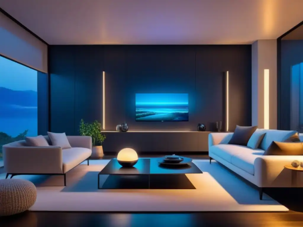 Interior de casa inteligente futurista de lujo Interior futurista de una Smart Home con tecnología avanzada, iluminación ambiental y dispositivos inteligentes