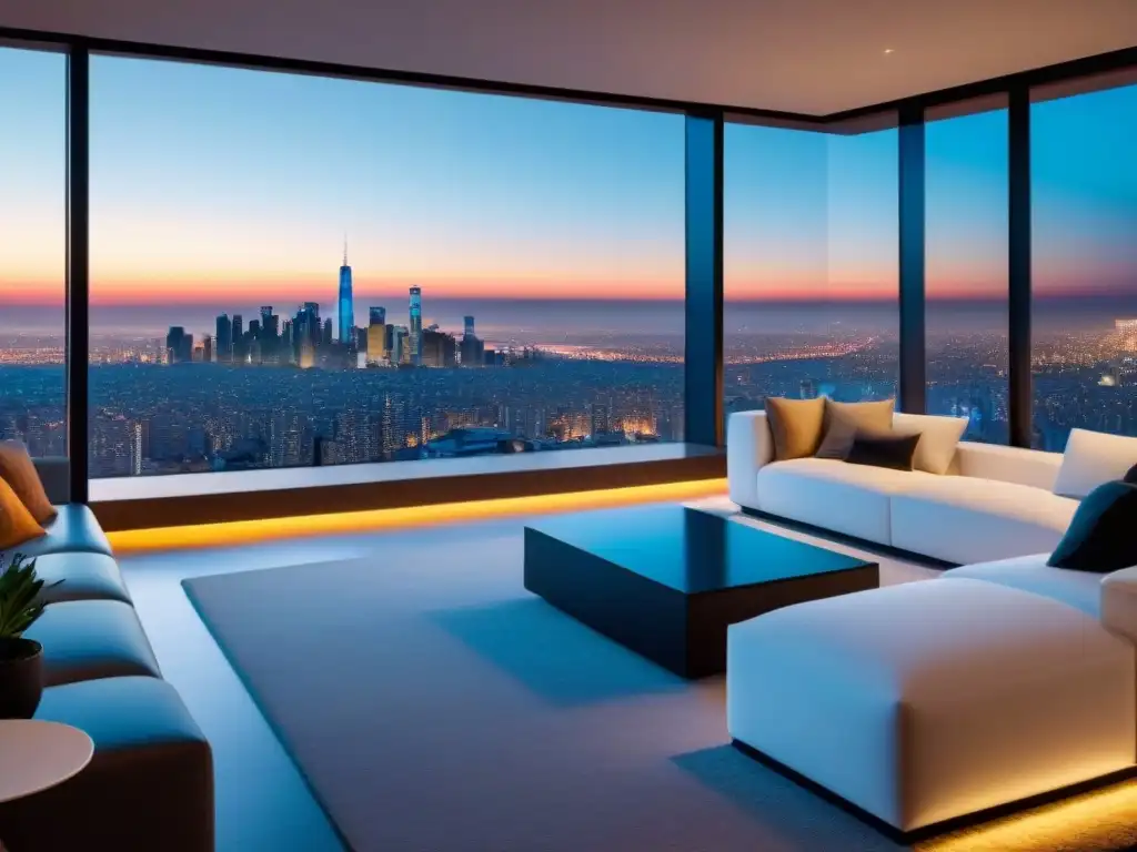 Interior de hogar inteligente: tecnología integrada y diseño futurista Interior de hogar inteligente moderno con tecnología integrada y vista urbana al atardecer