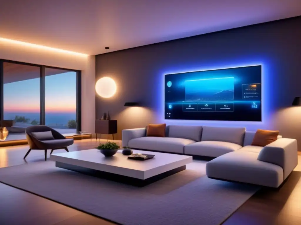 Interior de casa inteligente futurista y minimalista con IA avanzada Interior de Smart Home futurista con IA gestionando iluminación, temperatura y seguridad