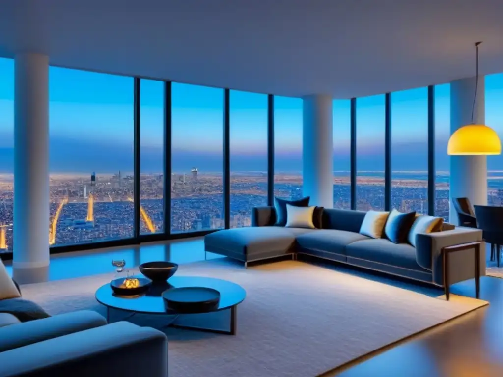 Penthouse de lujo en realidad aumentada: diseño interior ultrarrealista Interior de lujo con diseño ultrarrealista en realidad aumentada, mobiliario moderno y vistas panorámicas