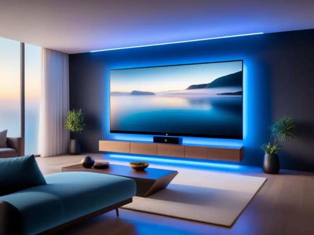 Interior de casa inteligente de lujo: tecnología moderna integrada Interior lujoso de casa inteligente con tecnología de lujo integrada, en tonos neutros y toques metálicos