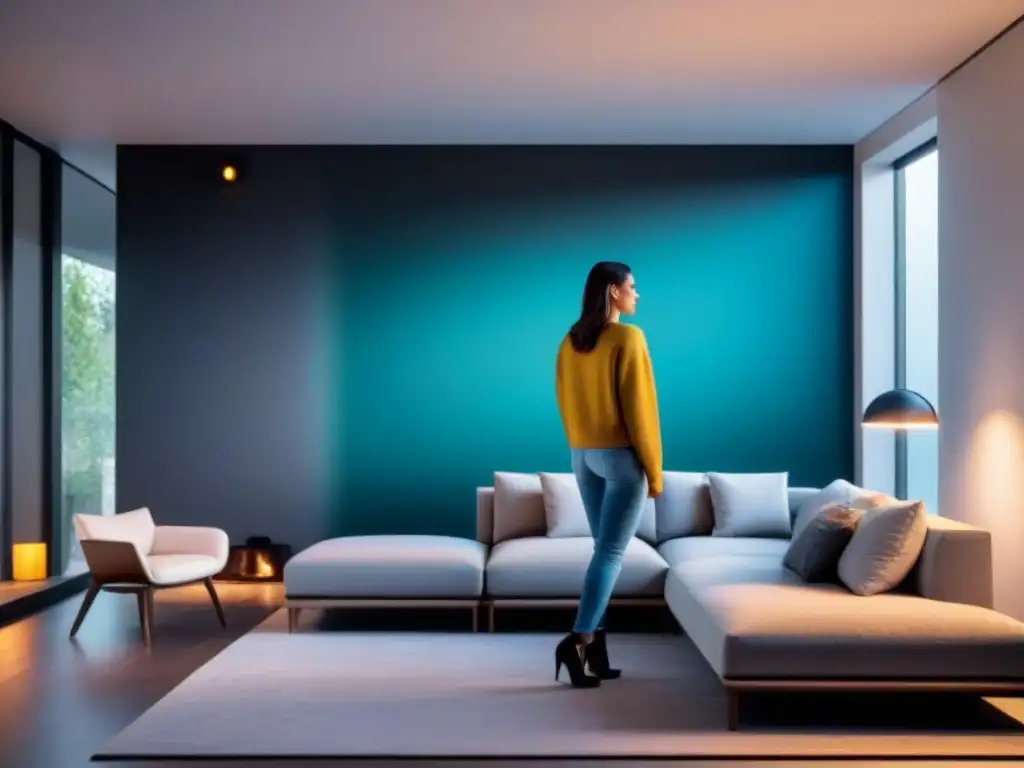 Interior de hogar inteligente de lujo con sensores de movimiento Interior lujoso de casa inteligente con sensores de movimiento integrados, iluminación ambiental y diseño minimalista