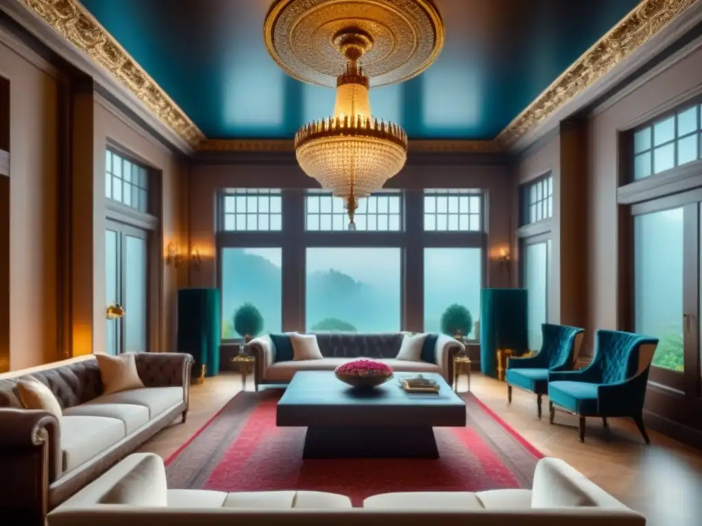 Esplendor dorado: Mansión antigua de lujo con detalles ornamentales Interior lujoso de mansión antigua con detalles dorados, muebles antiguos y un majestuoso candelabro de cristal en el centro de la sala