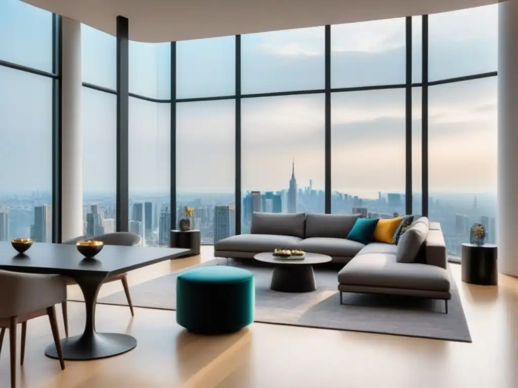 Residencia de lujo con vista panorámica en metrópolis Interior lujoso de mansión moderna con vista a la ciudad, reflejando éxito y elegancia