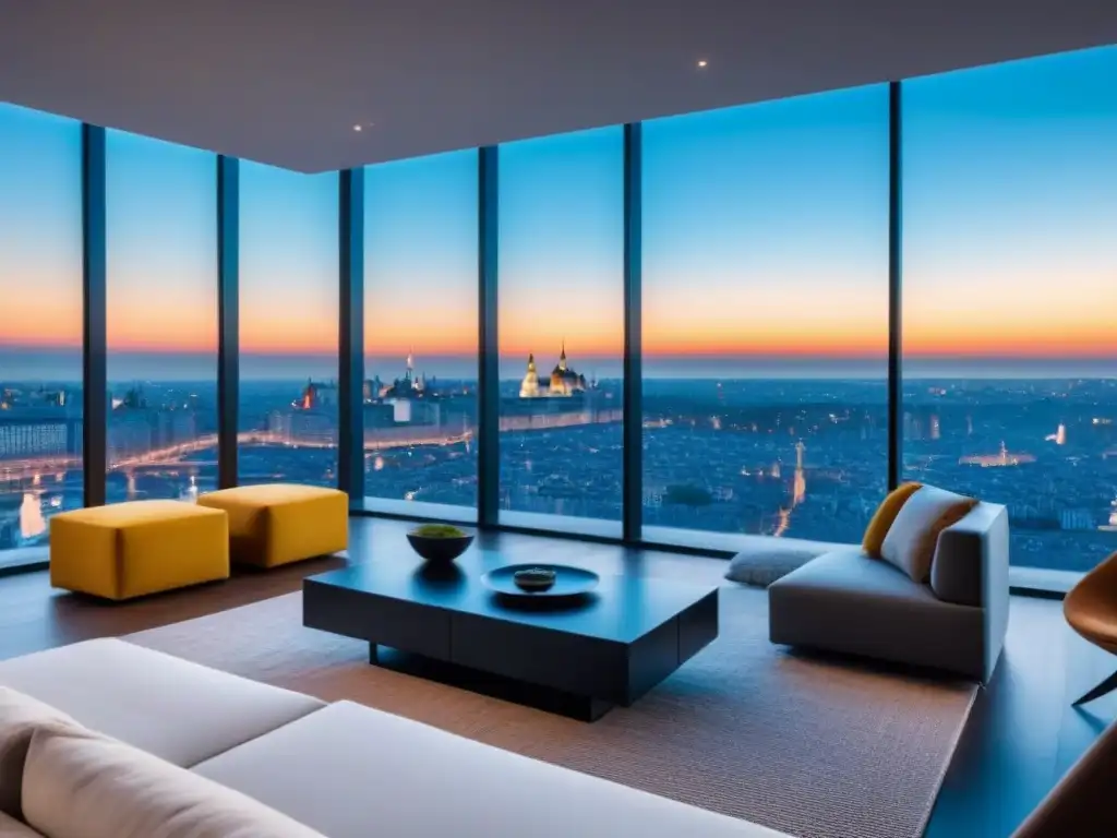 Penthouse de lujo en Europa del Este: diseño moderno y vistas panorámicas Interior lujoso en Europa del Este: penthouse moderno con vistas panorámicas, muebles de diseño y decoración minimalista