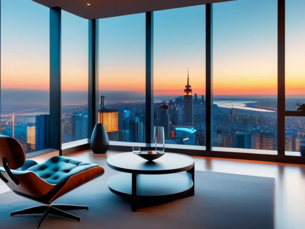Espectacular penthouse moderno con vistas a la ciudad Interior lujoso de penthouse con vista urbana, muebles de diseño y arte contemporáneo