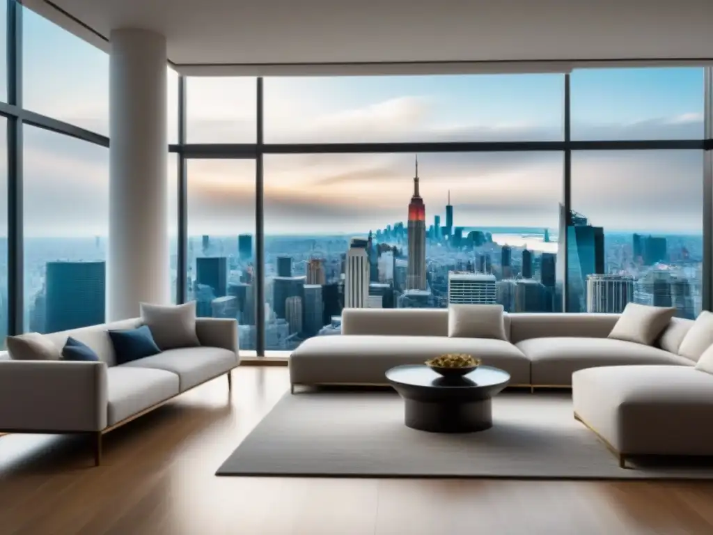 Espléndido apartamento moderno con vistas a la ciudad y decoración elegante Interior lujoso con vista panorámica de la ciudad, muebles contemporáneos y arte elegante, bañado en luz natural