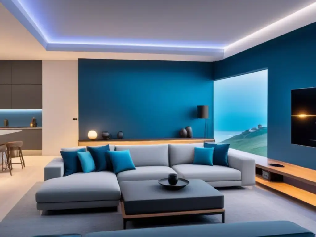 Interior de hogar inteligente: diseño moderno y tecnología de vanguardia Interior moderno de casa inteligente con tecnología domótica y decoración minimalista