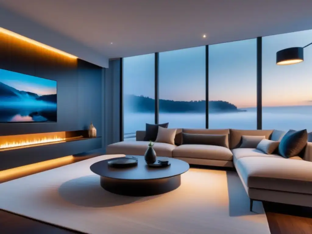 Salón inteligente de lujo: tecnología domótica de vanguardia Interior moderno de casa inteligente con tecnología domótica, destacando los beneficios tecnología domótica propiedades residenciales