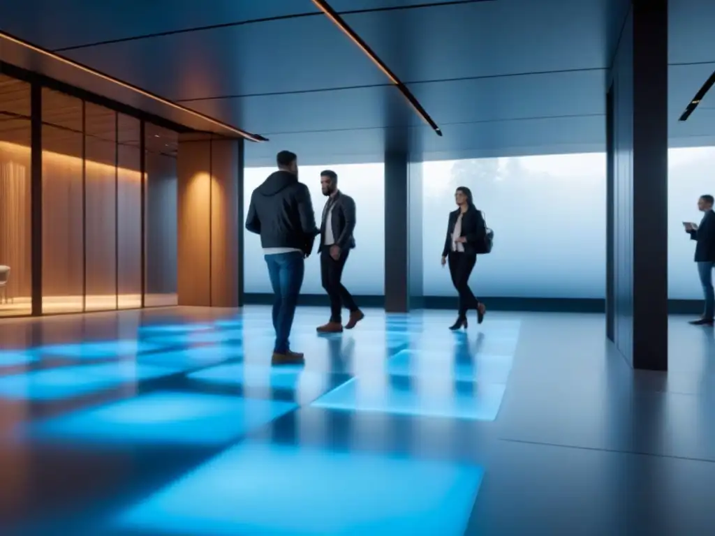 Edificio moderno con paneles energéticos y profesionales innovadores Un interior moderno con pisos generadores de energía sostenible que capturan la innovación