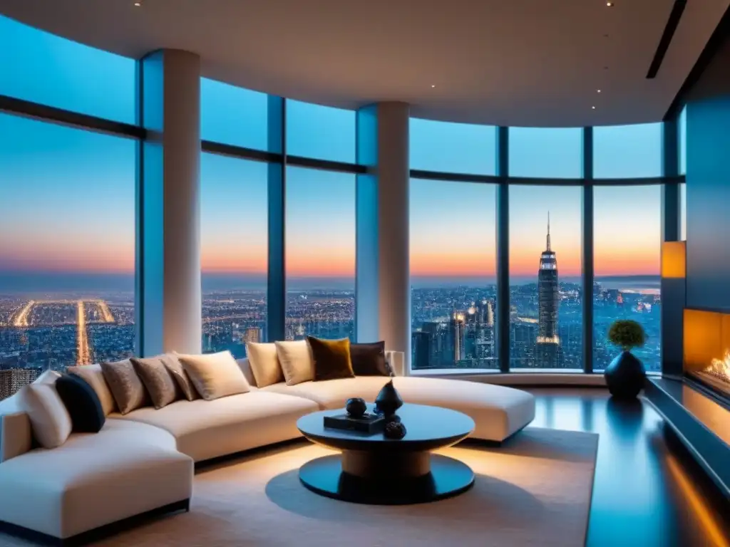 Penthouse de lujo: diseño moderno y vistas panorámicas Interior de penthouse de lujo con vista panorámica a la ciudad
