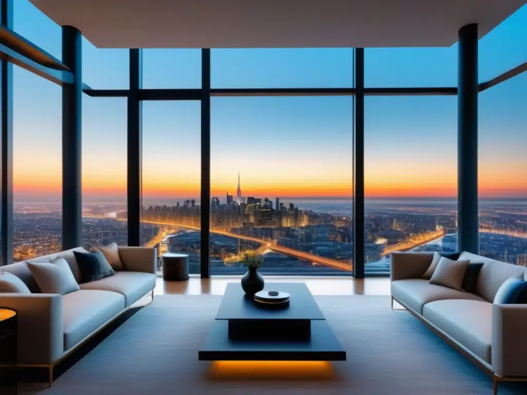 Penthouse moderno con vistas panorámicas en ciudad vibrante Interior de penthouse moderno con vista panorámica de la ciudad y diseño sofisticado para atraer compradores internacionales