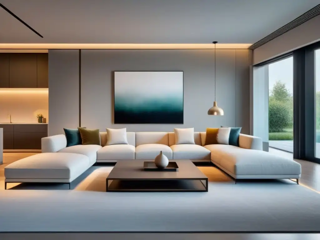 Residencia moderna de lujo con diseño minimalista Interior de residencia de lujo con minimalismo en diseño: líneas limpias, tonos neutros y muebles elegantes, iluminado por luz natural
