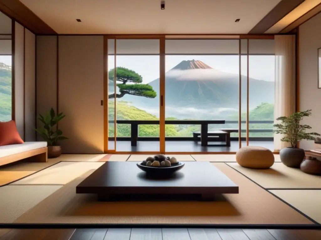 Diseño interior japonés: serenidad y minimalismo en 8k Interior residencial japonés minimalista con tatamis, bonsáis y pantallas shoji