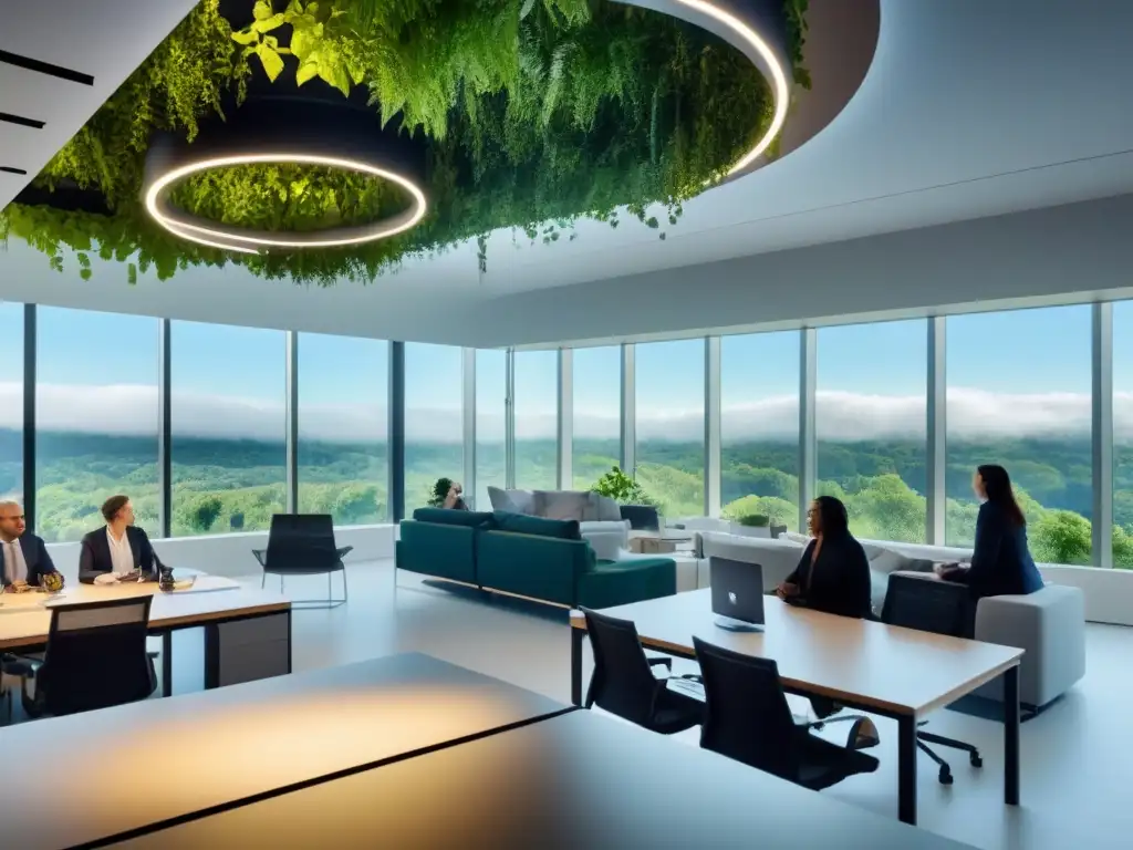 Interior sostenible: productividad y bienestar en arquitectura eco-friendly Interior sostenible con Certificaciones LEED y BREEAM, luz natural y diseño biófilo en edificio moderno