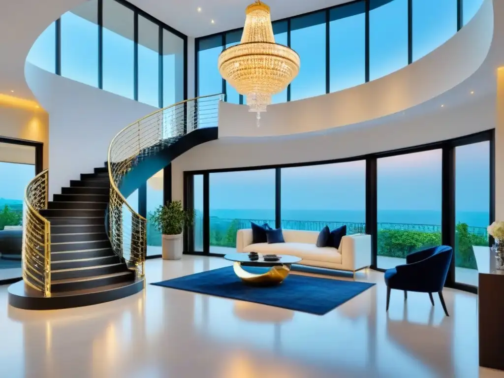 Interior de mansión moderna de lujo con materiales premium Interiores de mansión exclusiva: escalera de mármol, candelabro de cristal, muebles de diseño y vistas al jardín