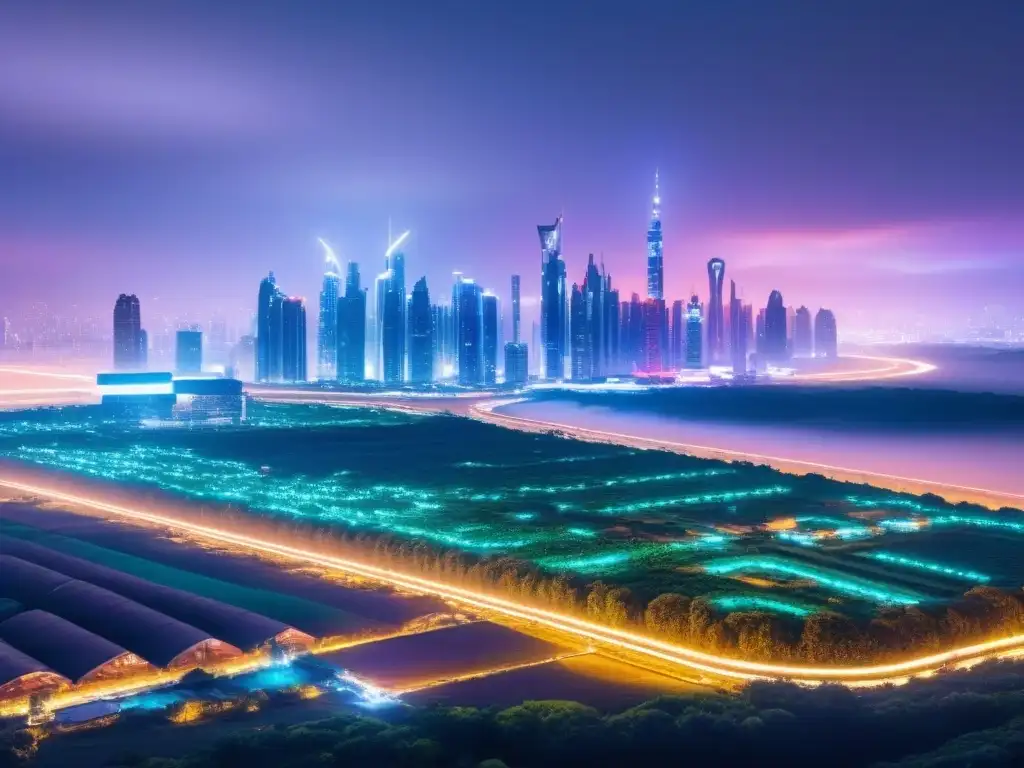 Metrópolis futurista: tecnología y naturaleza en armonía Inversión terrenos sin desarrollar internacional: Ciudad futurista con rascacielos y tecnología, contrastando con naturaleza